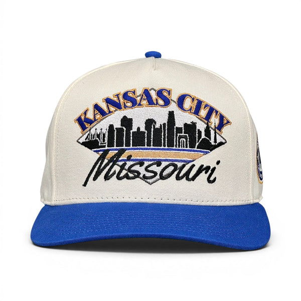 Retro Kansas City Snapback - The Kauffman features a vintage-inspired design with the Kansas City skyline and Missouri embroidery, celebrating classic baseball memories.