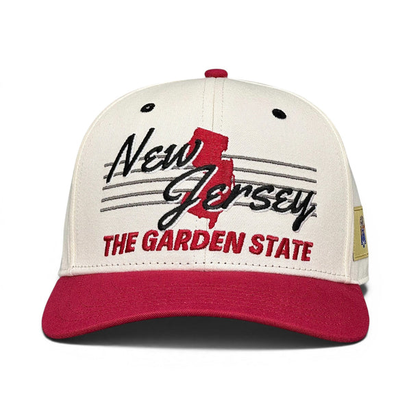 New Jersey Snapback - The Brodeur features a retro red-and-white design with New Jersey and a state silhouette, embodying vintage hockey style and calm dominance.