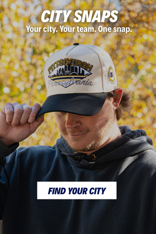 Guy wearing a retro Pittsburgh snapback hat with overlay text promoting the "City Snaps" collection.