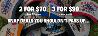 Promotional banner showing several golf club headcovers arranged on grass, with large overlaid text reading '2 FOR $70 | 3 FOR $99', '+ Free Shipping', and '+ Free Koozie', plus 'SNAP DEALS YOU SHOULDN'T PASS UP. Retro-style snapback hats lying in some grass.