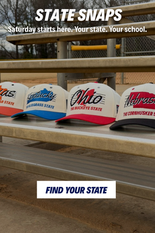 State hats sitting on bleachers with overlay text "State Snaps" promoting the collection.