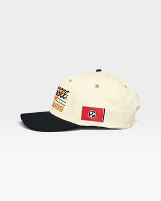 Tennessee Snapback - The Neyland (Cream/Black) cap features retro embroidery of Tennessee and state motifs, celebrating the spirited Neyland Stadium.