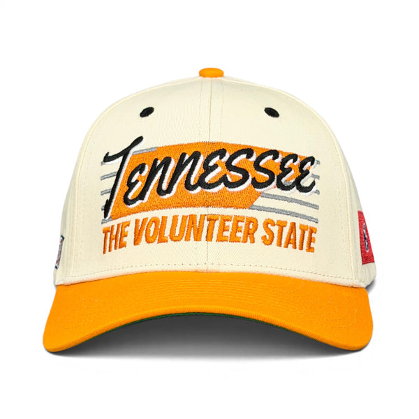 Retro Tennessee Snapback - The Neyland showcases vintage-style raised embroidery of Tennessee and The Volunteer State, ideal for representing Tennessee Volunteers team spirit.