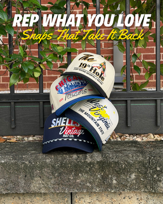 Retro-style hats sitting in front of a fence with a "Rep What You Love" title.