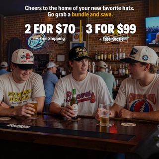 3 guys wearing vintage hats at a bar with overlay text promoting deals "2 For $70, 3 For $99".