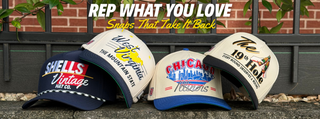 Retro-style hats sitting in front of a fence with a "Rep What You Love" title.