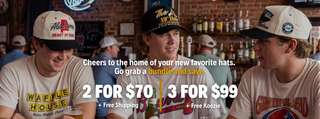 3 guys wearing vintage hats at a bar with overlay text promoting deals "2 For $70, 3 For $99".