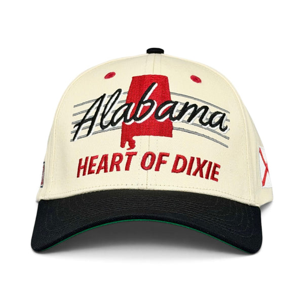 Retro Alabama Snapback - The Bryant-Denny cap features a cream front panel with Alabama state outline and script, celebrating Crimson Tide football's throwback vibe.