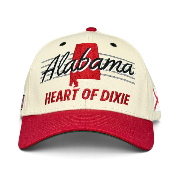 Alabama Snapback - The Bryant-Denny (Cream/Red): A vintage-style baseball cap featuring Alabama and HEART OF DIXIE, reflecting Tuscaloosa's spirited Saturdays and retro Alabama Crimson Tide sports culture.