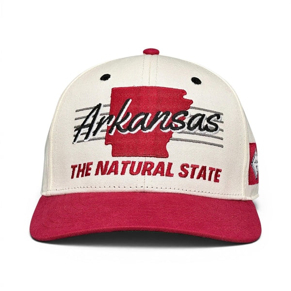 Retro Arkansas Snapback - The Daly (Cream/Red) features a vintage design with Arkansas outline, Razorback pride script, and THE NATURAL STATE slogan embroidered on the front.