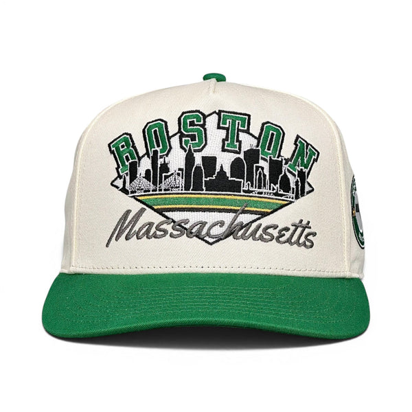 Retro Boston Snapback - The Bird cap featuring an embroidered Boston skyline and BOSTON lettering, ideal for Celtics fans and vintage style enthusiasts.