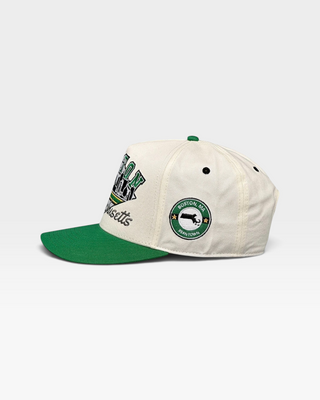 Retro Boston Snapback - The Bird cap featuring Massachusetts-themed embroidery, ideal for representing Boston and the Celtics with a vintage 1986 throwback style.
