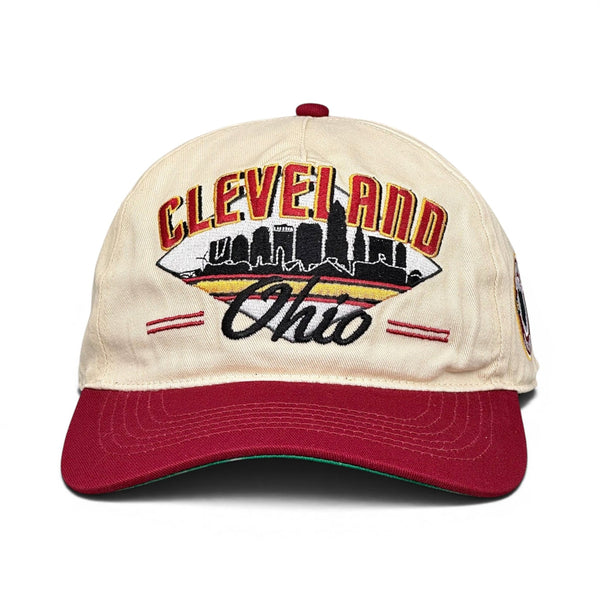 Retro Cleveland Snapback - The Bron, showcasing city-pride with embroidered CLEVELAND and skyline. Inspired by LeBron James era, perfect for vintage basketball enthusiasts.