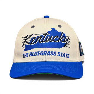 Kentucky Snapback - The Rupp (Cream/Blue) featuring a trucker hat with embroidered Kentucky over the state silhouette, celebrating Kentucky basketball heritage.