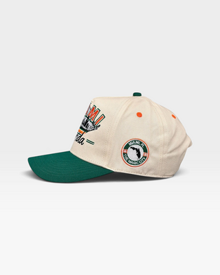 Miami Snapback - The U: Retro baseball cap with Miami, FL, The Magic City, and skyline motif, evoking vintage vibes and celebrating the iconic 2001 Hurricanes football team.