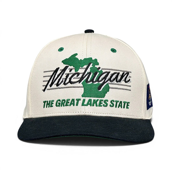 Retro Michigan Snapback - The Magic; features a cream front with Michigan's outline and The Great Lakes State script, inspired by Michigan State basketball legend Magic Johnson.
