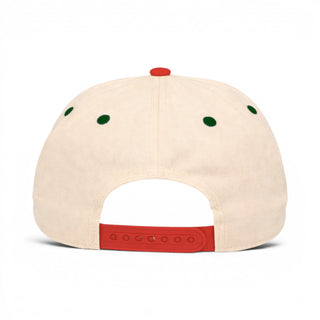 Phoenix Snapback - The Doan (Cream/Red): Retro-style baseball cap featuring a cream crown, green eyelets, red top button, and snapback strap, reflecting Phoenix Coyotes fan loyalty.