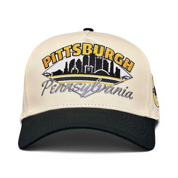 Retro Pittsburgh Snapback - The Crosby cap featuring NHL Penguins embroidery with PITTSBURGH and skyline, celebrating vintage hockey spirit and Sidney Crosby's era.