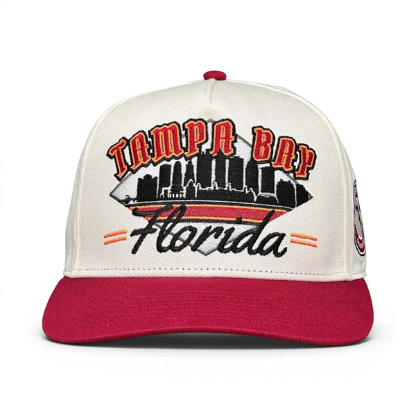 Tampa Bay Snapback - The Sapp (Cream/Red) features a retro baseball cap design with Tampa Bay Florida and skyline, honoring Warren Sapp and the Buccaneers.