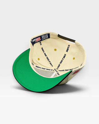 The 19th Hole Snapback features a retro design with SNAPS THAT TAKE IT BACK seam-tape, ideal for golf enthusiasts who appreciate vintage style.