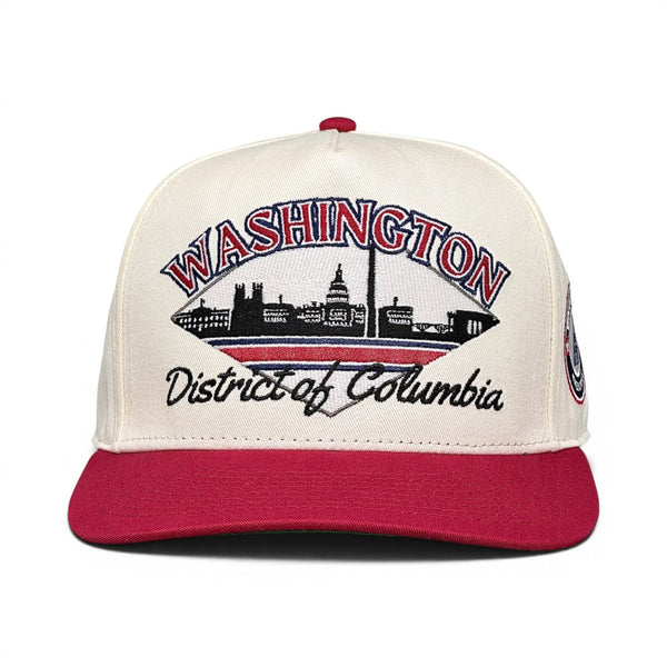 Washington D.C. Snapback - The Ovechkin (Cream/Red), featuring a retro-style embroidered skyline, ideal for Nationals or Capitals fans seeking a vintage throwback look.