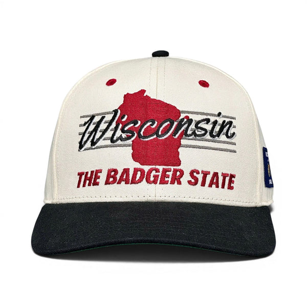 Wisconsin Snapback - The Watt (Cream/Black): Retro-style baseball cap featuring a red Wisconsin silhouette with Wisconsin and The Badger State embroidered, honoring iconic Wisconsin sports legends.