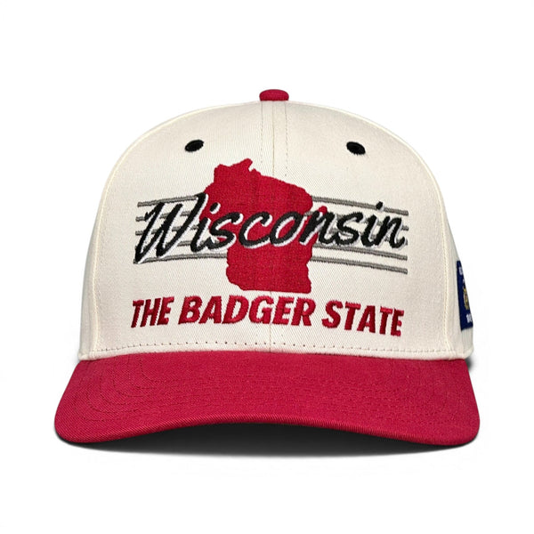 Wisconsin Snapback - The Watt (Cream/Red): Retro-style hat featuring a red Wisconsin silhouette with THE BADGER STATE, honoring the Watt brothers' Badgers legacy.