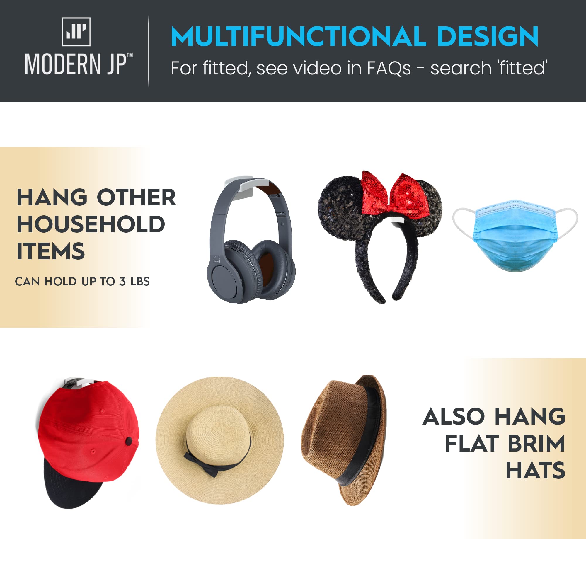 Hat Hooks for Wall (16-Pack) - Minimalist Hat Rack Design, No
